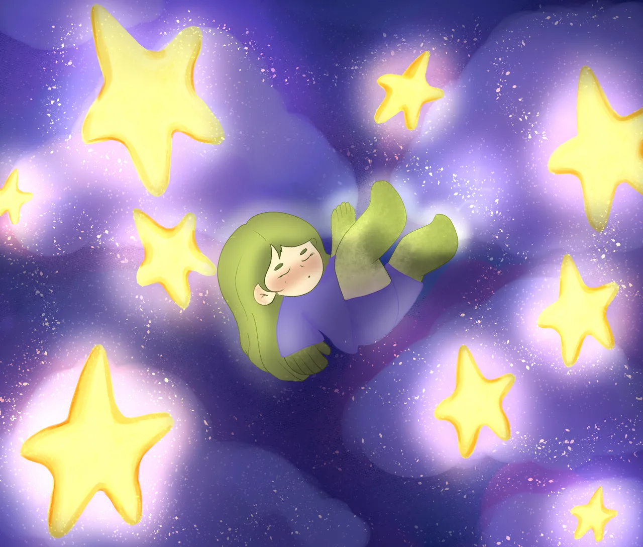 Ilustração da personagem Melo entre estrelas brilhantes